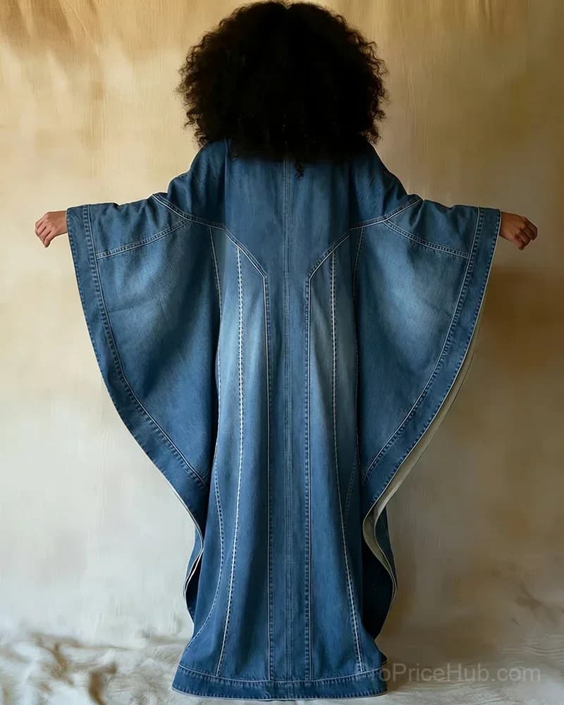 Washed Denim Texture Print V-Neck Long Kaftan Dress - View 2