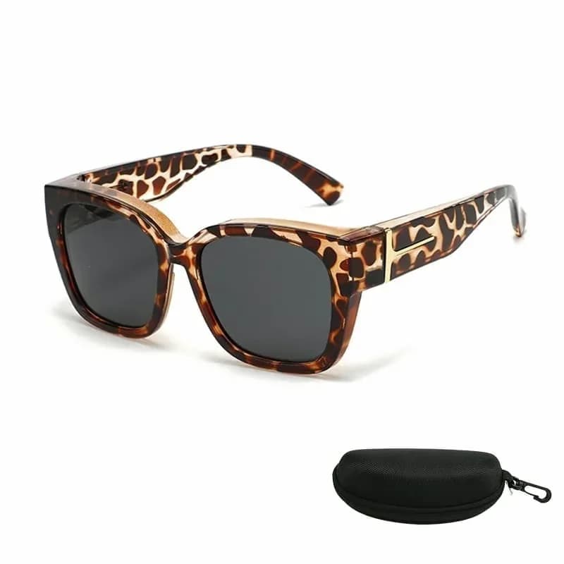 Polarized Square Wrap-Around Sunglasses, Glossy Black with Case - Alt