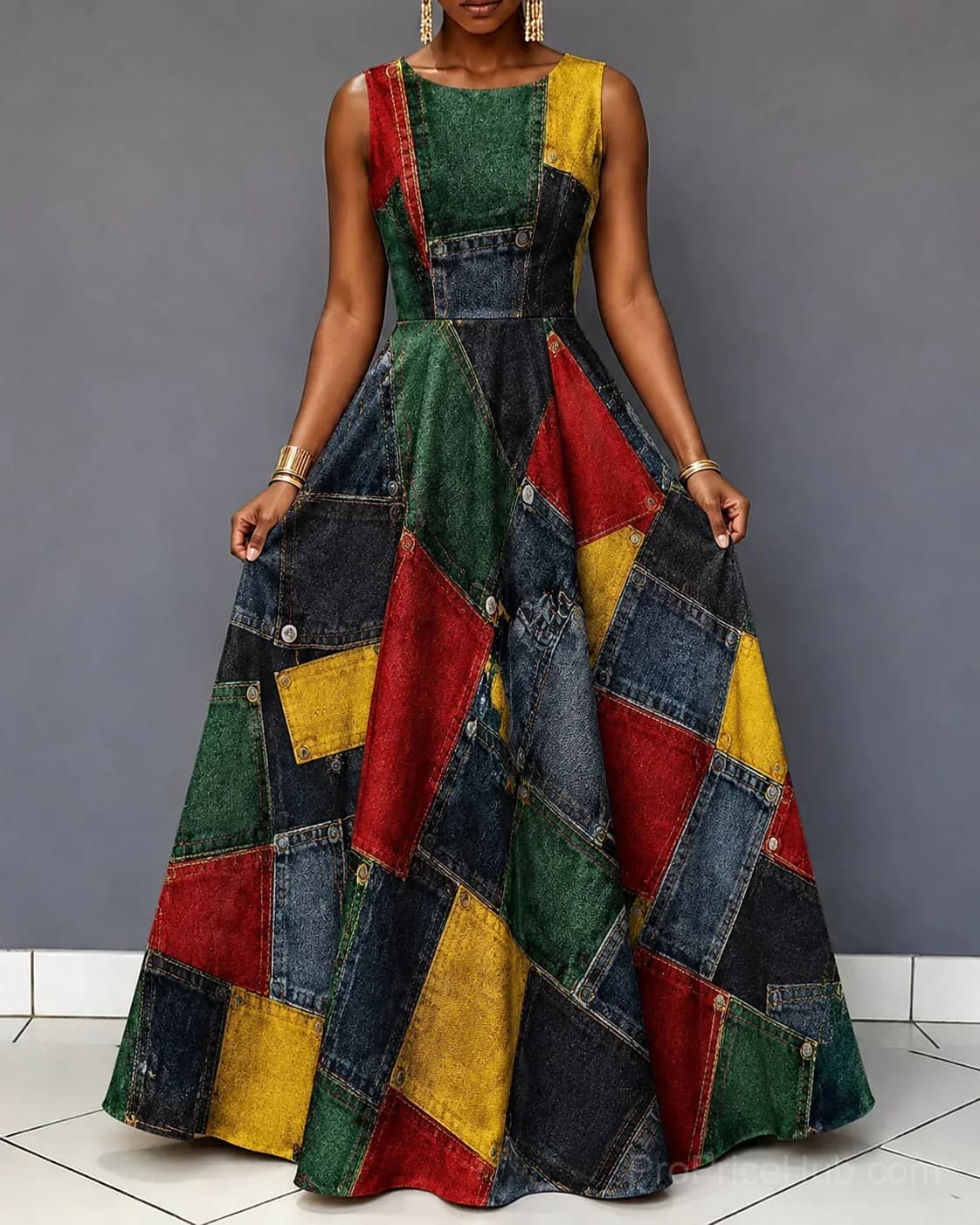 Reggae Denim Patchwork Print Sleeveless Maxi Dress - View 1