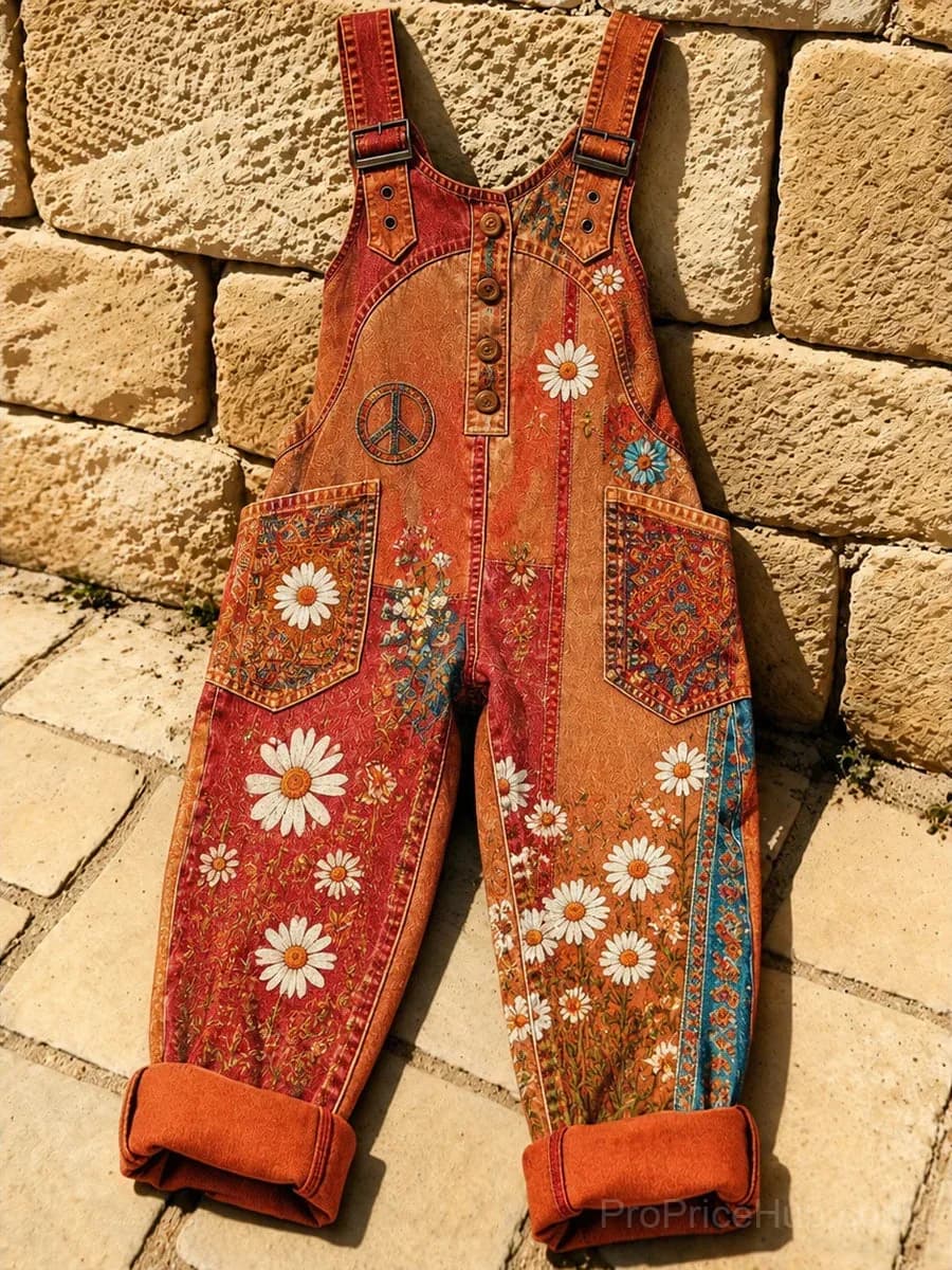 Women's Retro Art Print Washed Cotton Denim Patchwork Jumpsuit - View 1