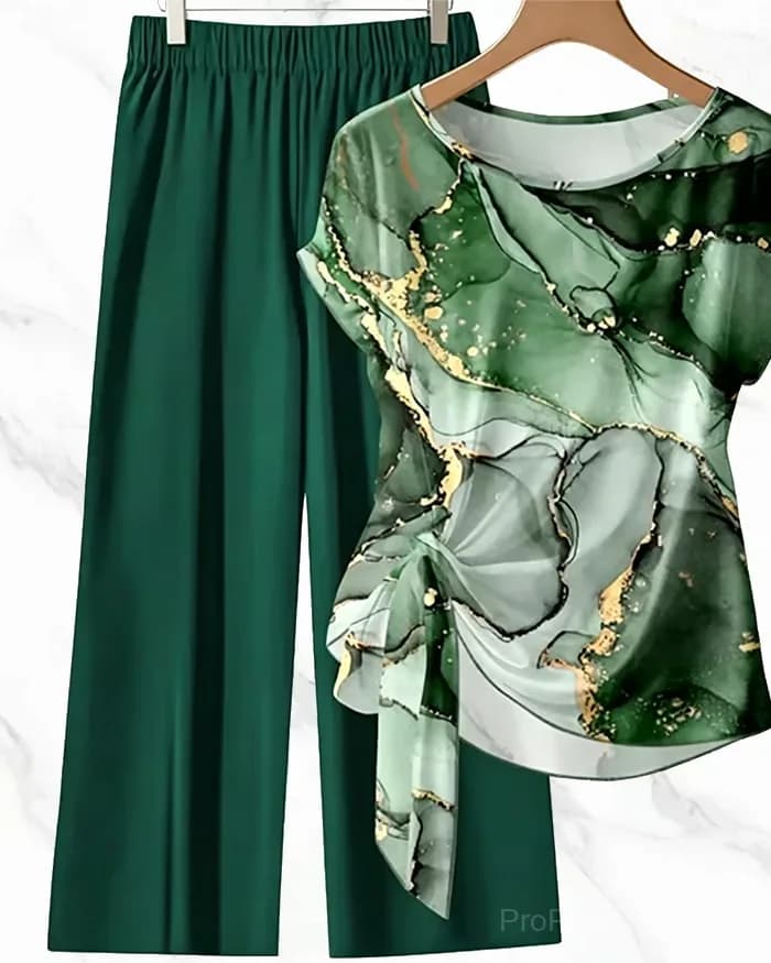 Knot Blouse and Printed Wide-Leg Pants Set, Blue, US 4/S - View 3