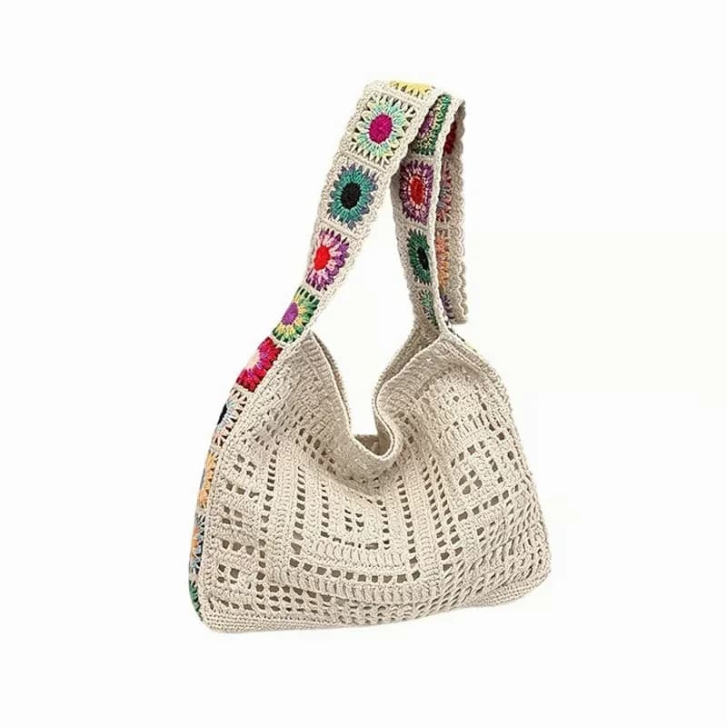 Casual Hollow Knit Tote Bag, Off-White Ethnic Squares - Main