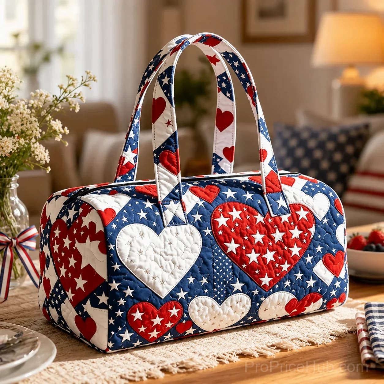 Patriotic Quilted Tote Bag – 3D Floral American Flag Travel Duffel - View 10