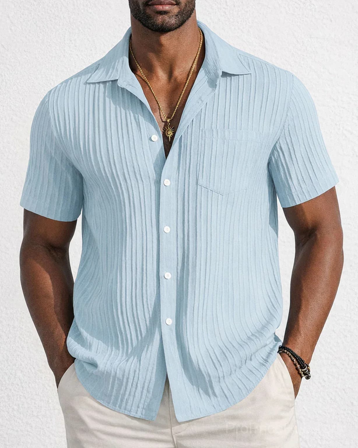 Men's Striped Jacquard Textured Short Sleeve Summer Beach Shirt - View 6