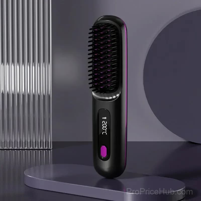 Wireless Ceramic Heated Hair Straightening Comb, Black - Main