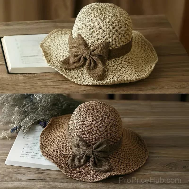 Khaki Foldable Straw Sun Hat with Retro Bow - View 5