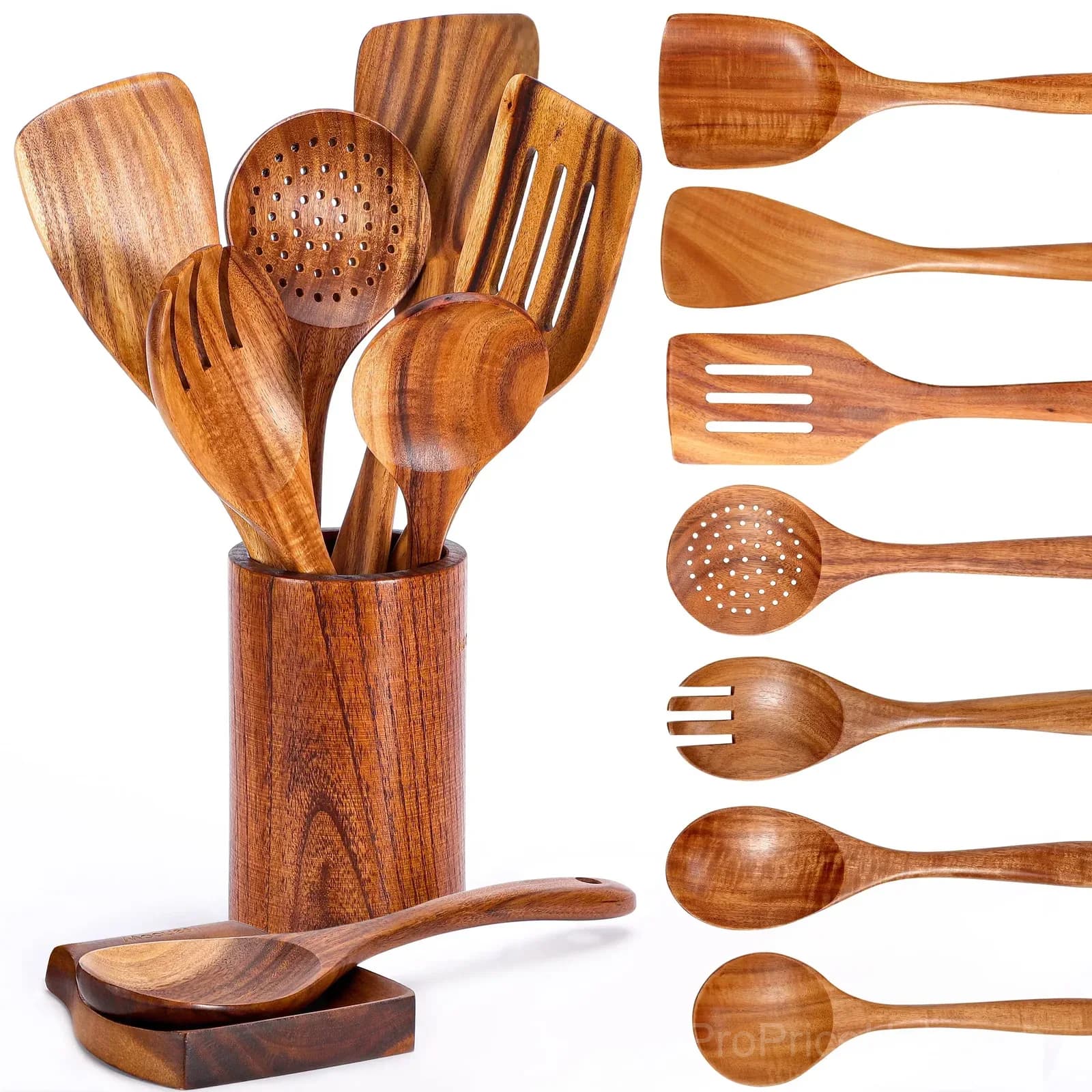9-Piece Natural Teak Wooden Kitchen Utensil Set with Holder - View 1