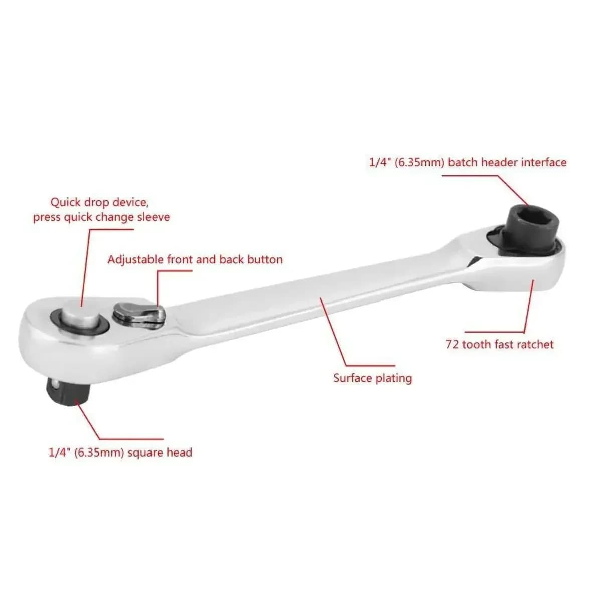 Mini Double Headed Ratchet Wrench, 1/4 Inch Drive, 72-Tooth, 5° Quick Release - View 2