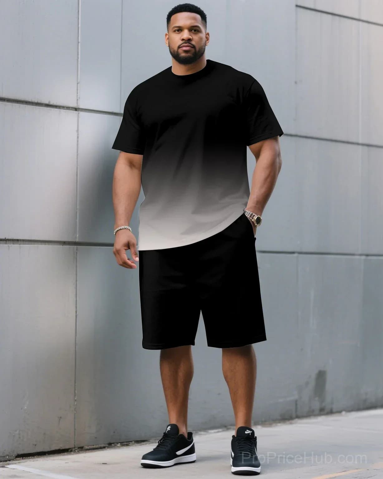 Men's Plus Size Black & Red Gradient T-Shirt and Shorts Set - View 7
