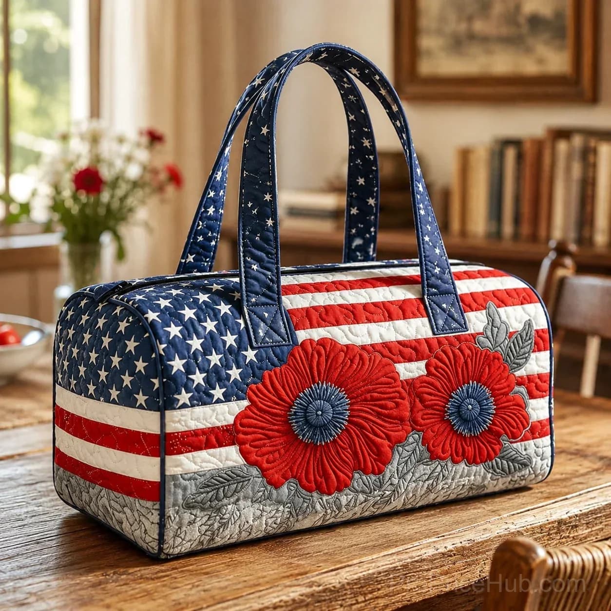 Patriotic Quilted Tote Bag – 3D Floral American Flag Travel Duffel - View 8