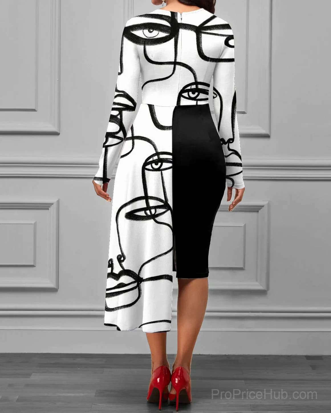 Crew Neck Long Sleeve Asymmetrical Hem Face Print Dress - View 2