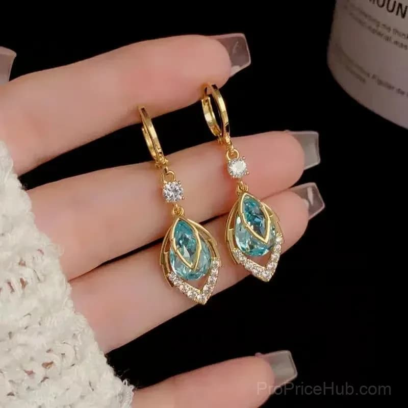 Sky Blue Drop Dangle Hoop Earrings, Gold, 1 Pair - View 8