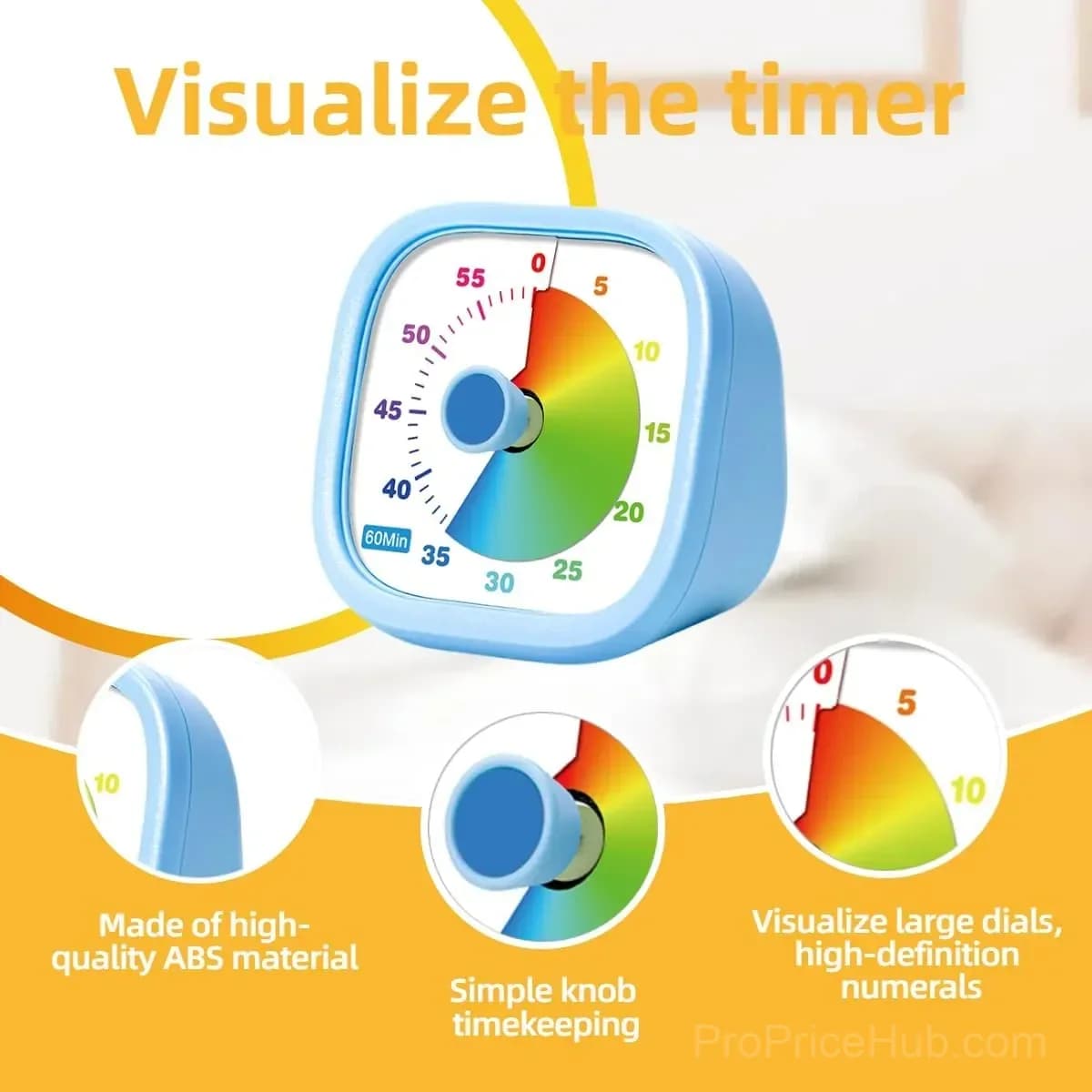 60-Minute Visual Timer for Kids, Silent Countdown, Blue - View 5