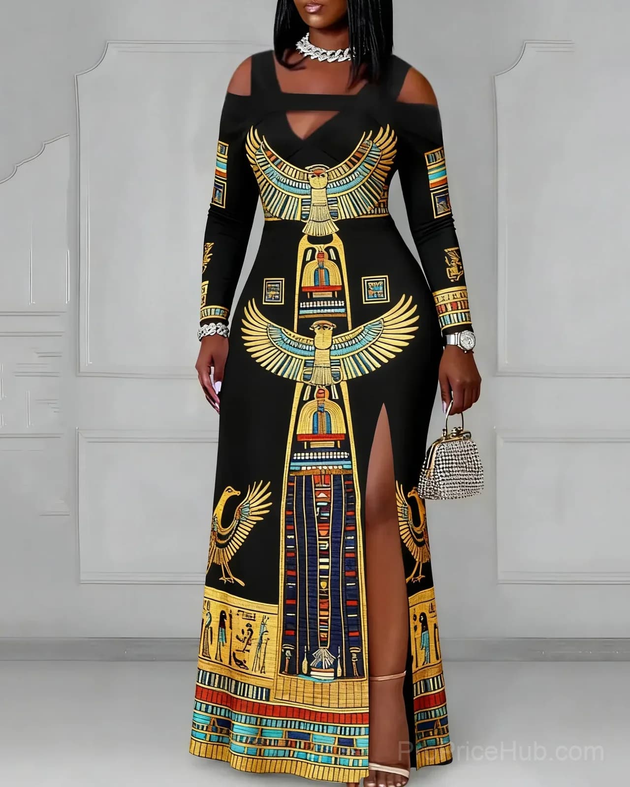Black Off-Shoulder V-Neck Long Sleeve Bodycon Party Dress with Egyptian Print - View 2