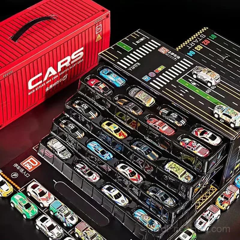 48-Piece Mini Pull-Back Toy Car Set with Garage, Red - View 1