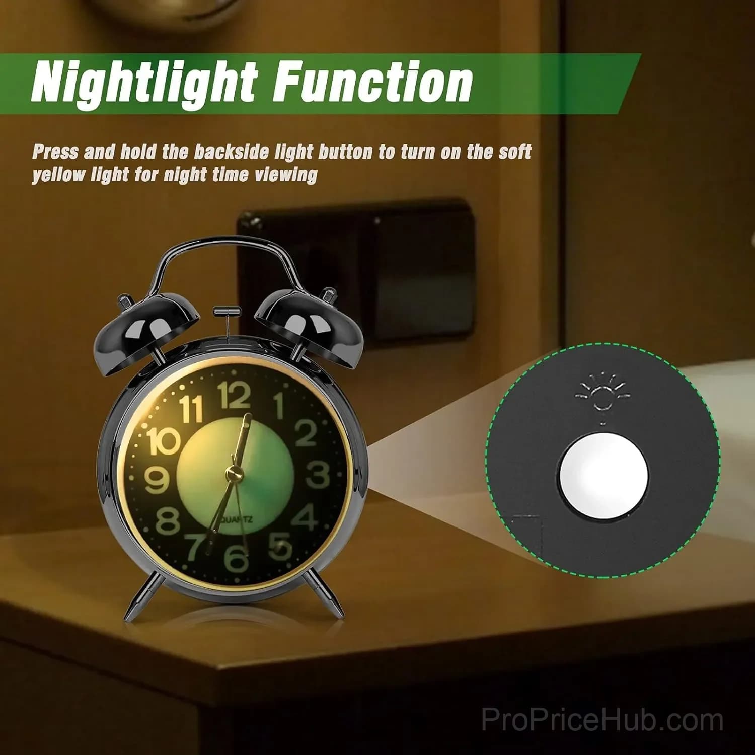Retro Double Bell Alarm Clock, 4-Inch Silent Quartz with Luminous Dial - View 2