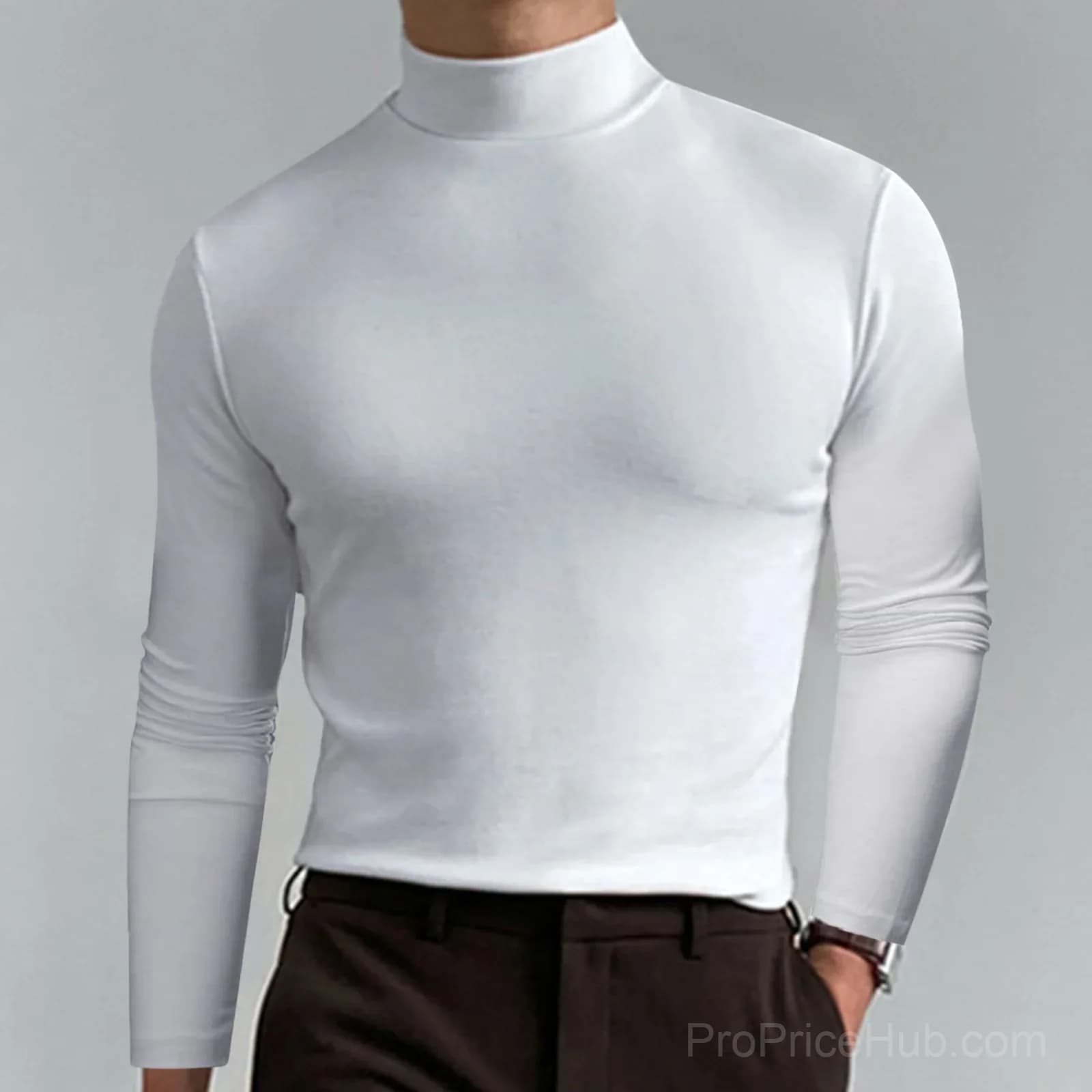 Men's White High Neck Slim Fit Long Sleeve T-Shirt - Small - Main
