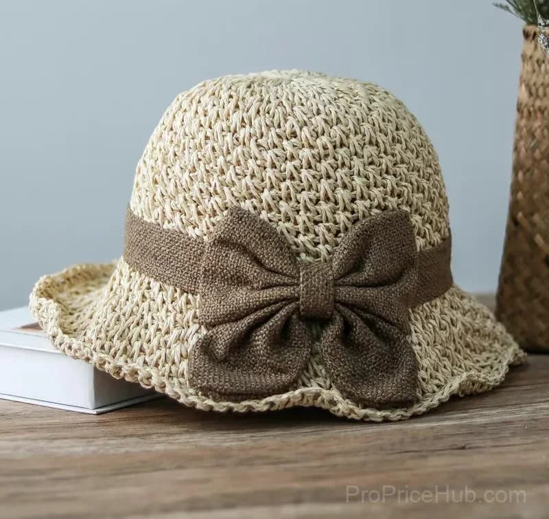 Khaki Foldable Straw Sun Hat with Retro Bow - View 6