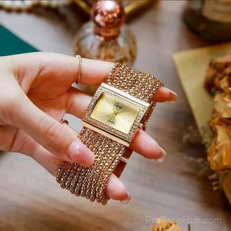 Ladies Gold Rhinestone Square Quartz Watch - View 2