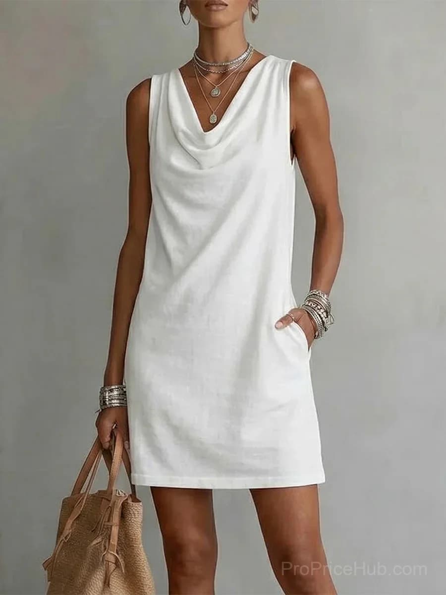Sleeveless Cotton Dress with Draped Neckline - View 1