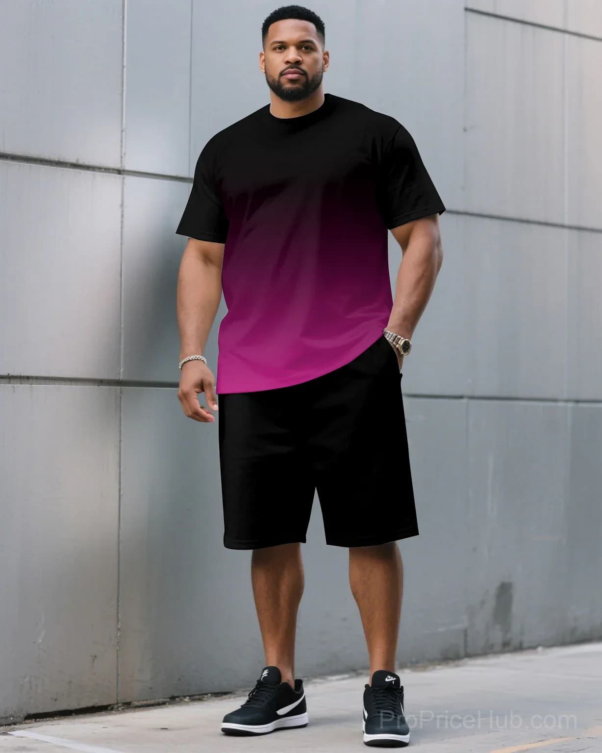 Men's Plus Size Black & Red Gradient T-Shirt and Shorts Set - View 9