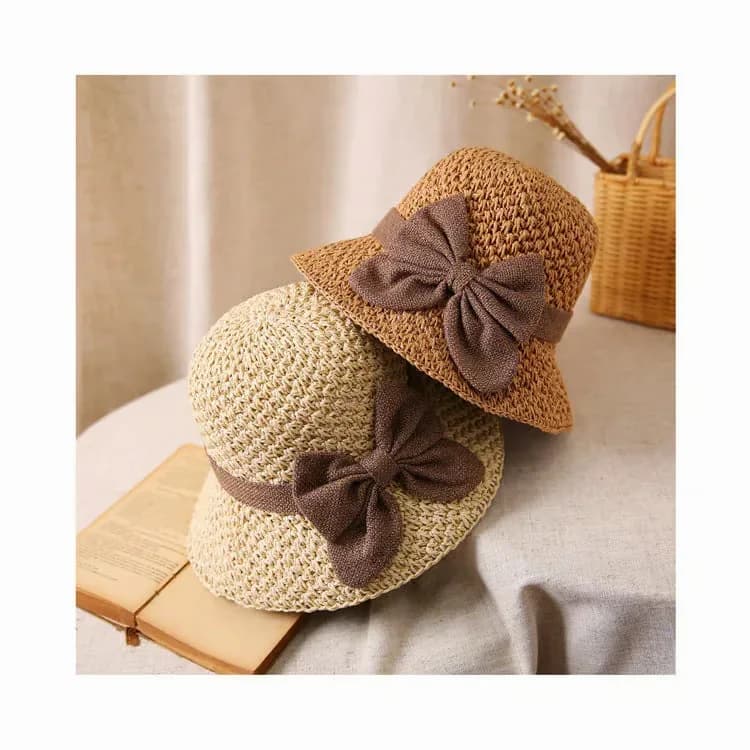 Khaki Foldable Straw Sun Hat with Retro Bow - View 7