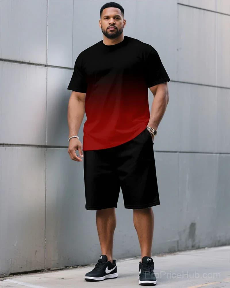 Men's Plus Size Black & Red Gradient T-Shirt and Shorts Set - View 1