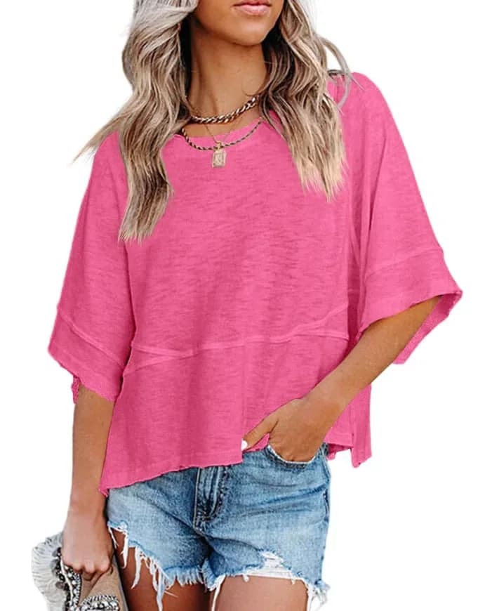 Paneled Solid Color Flared Sleeve T-Shirt - View 11