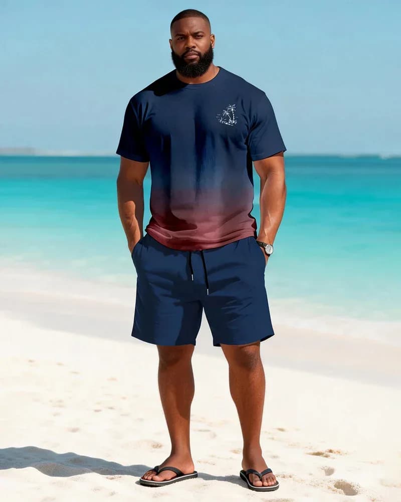 Big & Tall Men's Wine Red Gradient Coconut Print Tee & Shorts Set - View 3