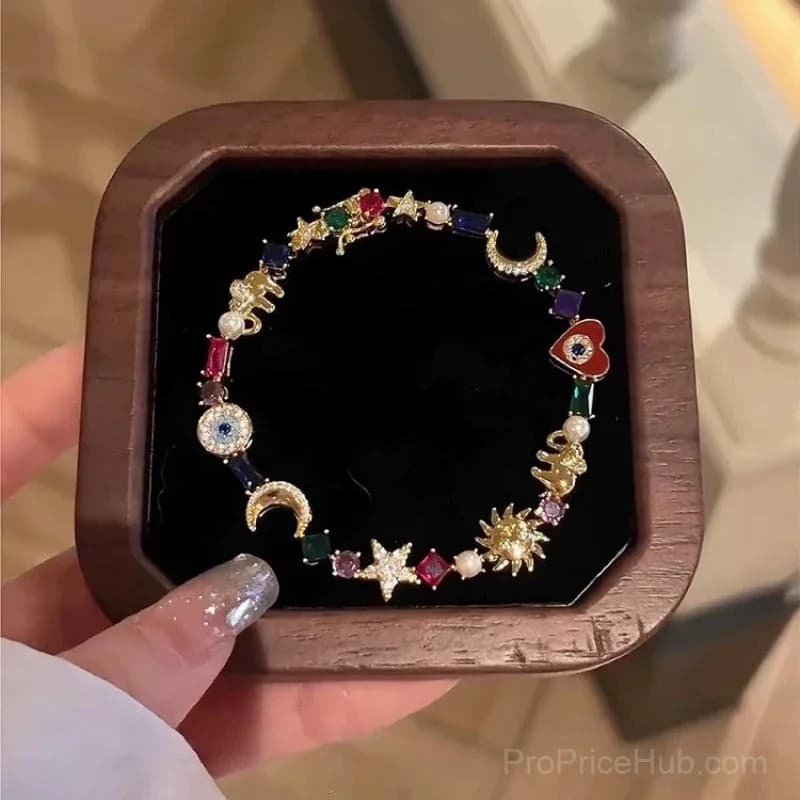 Celestial Charm Bracelet with Sun, Moon, Stars - Multi-Color Crystals - View 10