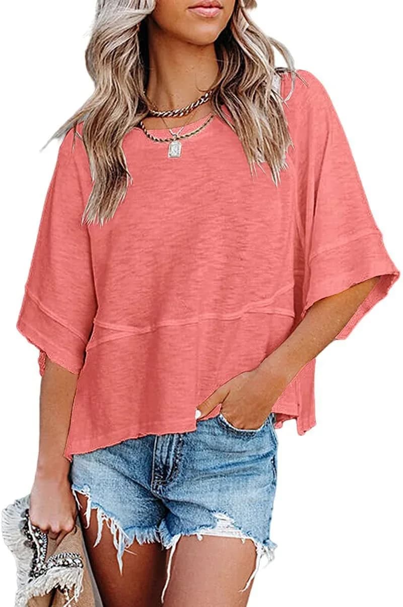Paneled Solid Color Flared Sleeve T-Shirt - Main