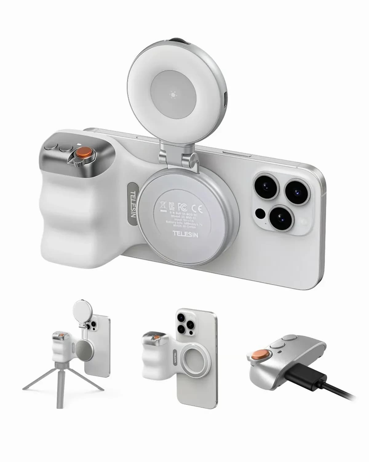 TELESIN Fun Shot Magnetic Phone Grip & Selfie Light Kit, Silver - Main