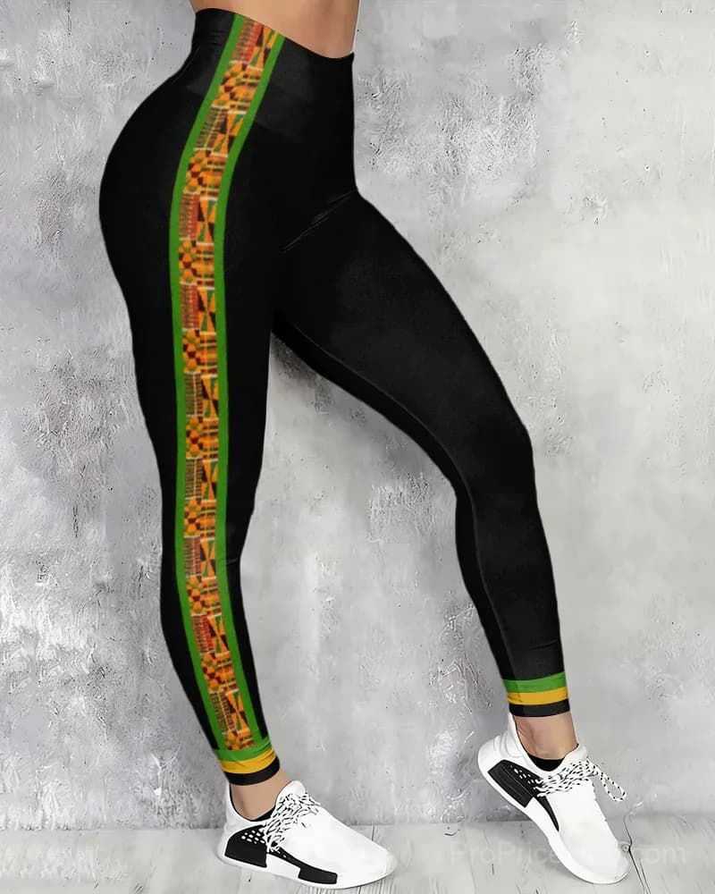 African Geometric Print High-waisted Fitted Stretchy Leggings - View 2