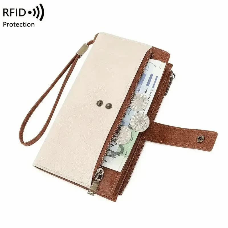 Women's RFID Blocking Leather Long Wallet - Stylish Solid Color Clutch - Alt