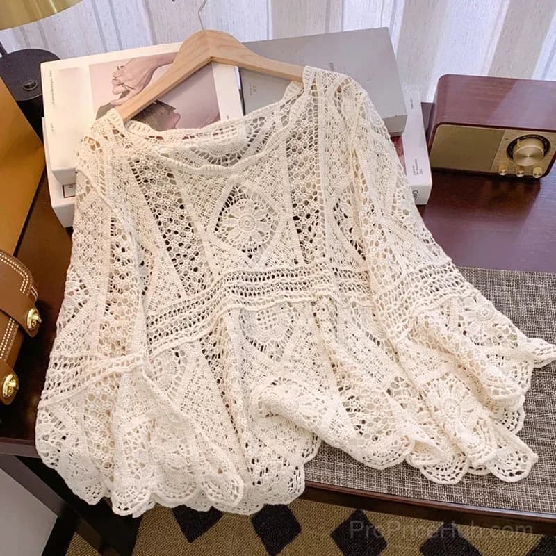 Women's Vintage Lace Cover-Up Blouse – Flare Sleeves Bohemian Beachwear - Main
