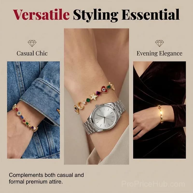 Celestial Charm Bracelet with Sun, Moon, Stars - Multi-Color Crystals - View 5