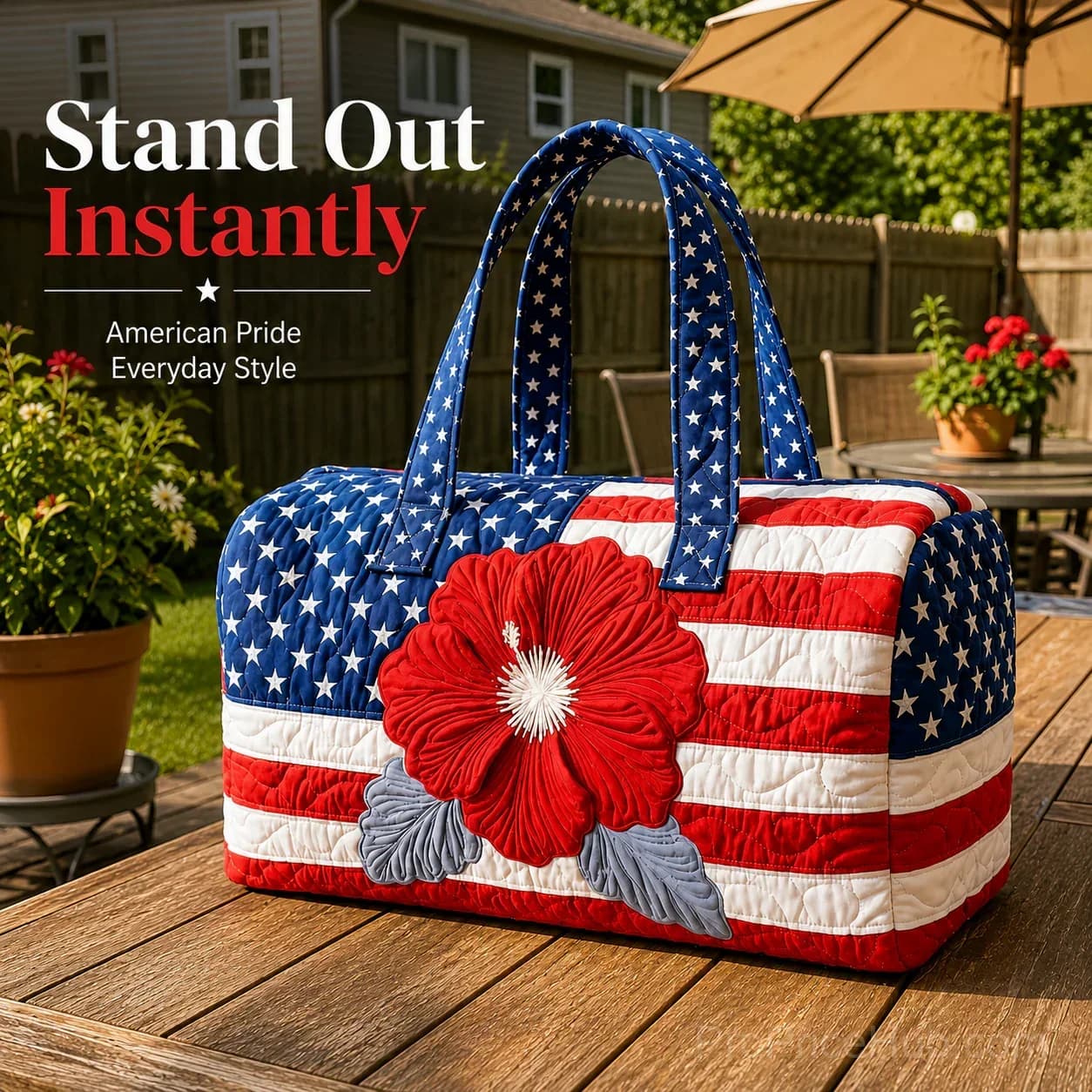 Patriotic Quilted Tote & Travel Duffel with 3D Floral American Flag - View 2