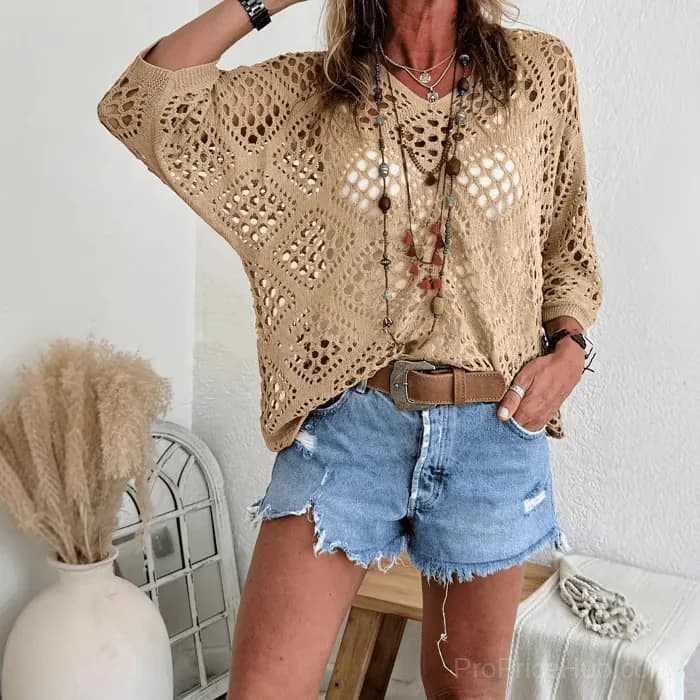 Women's Bohemian Beige Crochet V-Neck Top, Apricot, S - Main