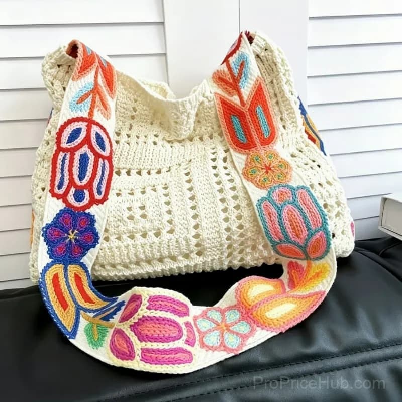 Off-White Hollow Knit Woven Tote Bag with Ethnic Squares - Alt
