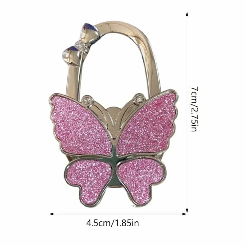 Butterfly Foldable Purse Hook, Frosted Pink Glitter - View 1