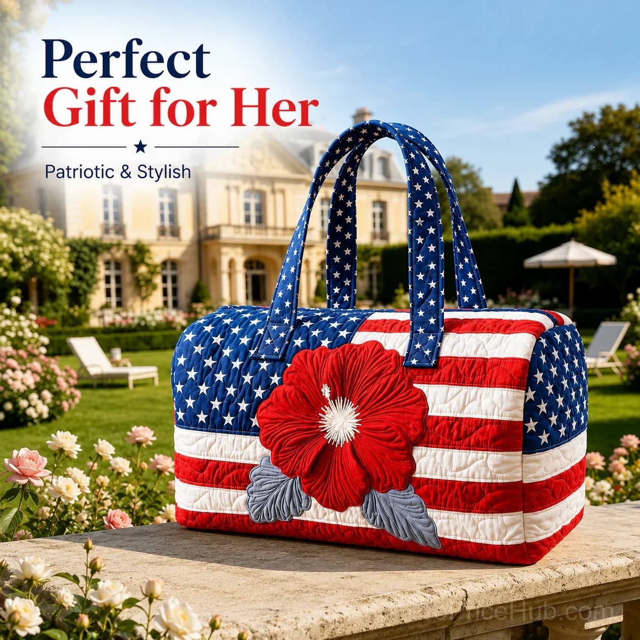 Patriotic Quilted Tote Bag – 3D Floral American Flag Travel Duffel - View 6