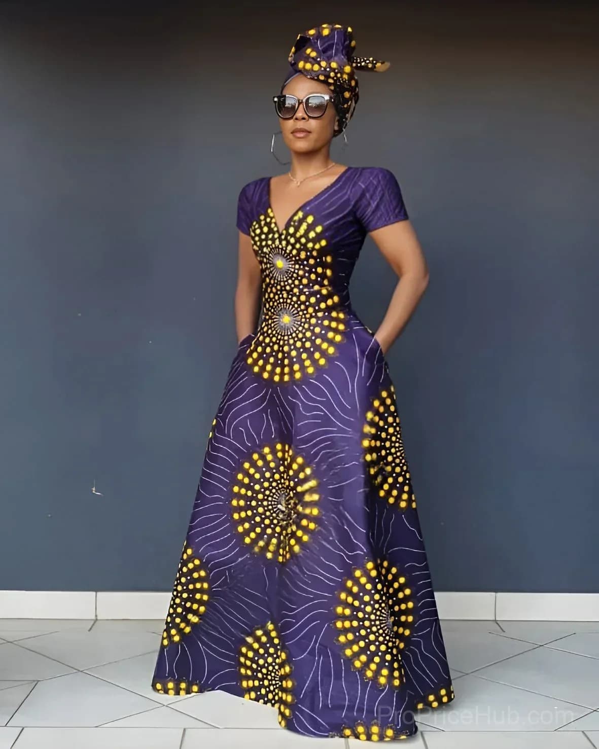 Women's V-Neck African Yellow Polka Dots Short Sleeve Maxi Dress - View 1