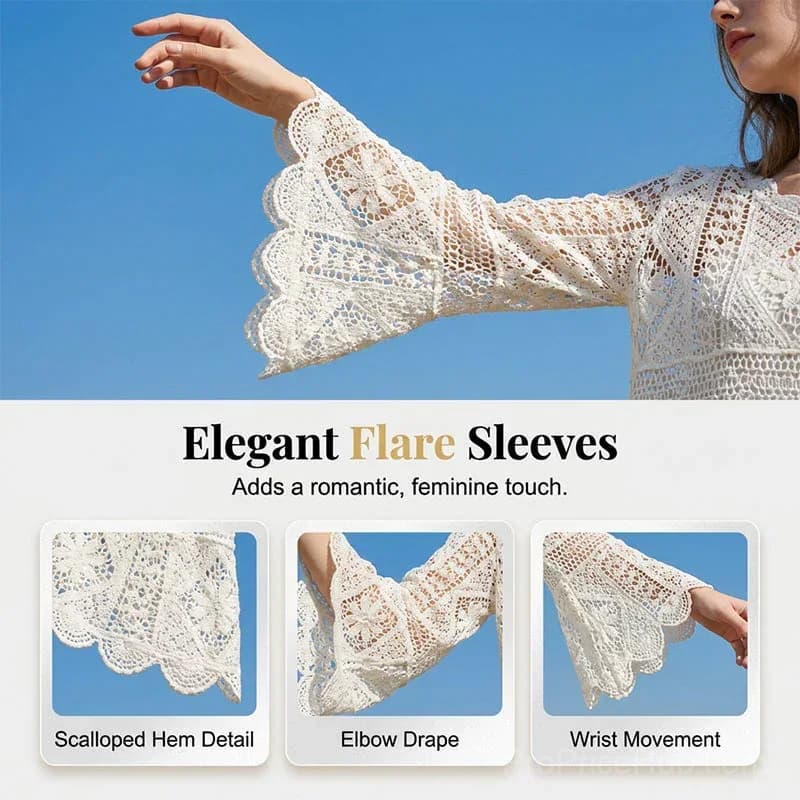 Women's Vintage Lace Cover-Up Blouse – Flare Sleeves Bohemian Beachwear - View 7