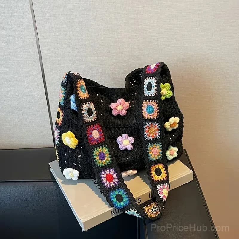 Off-White Hollow Knit Woven Tote Bag with Ethnic Squares - View 5