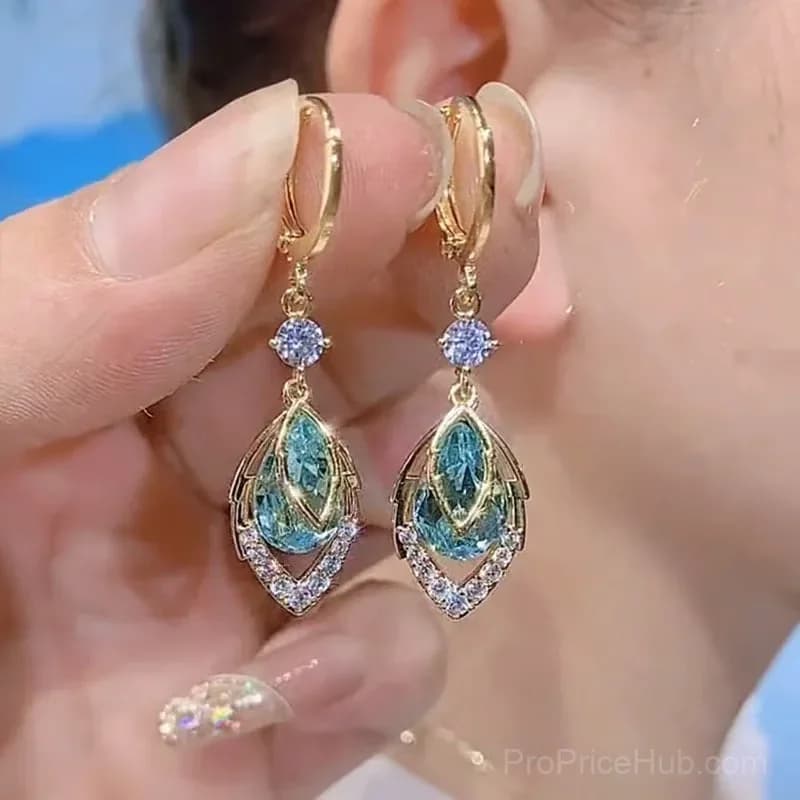 Sky Blue Drop Dangle Hoop Earrings, Gold, 1 Pair - View 5