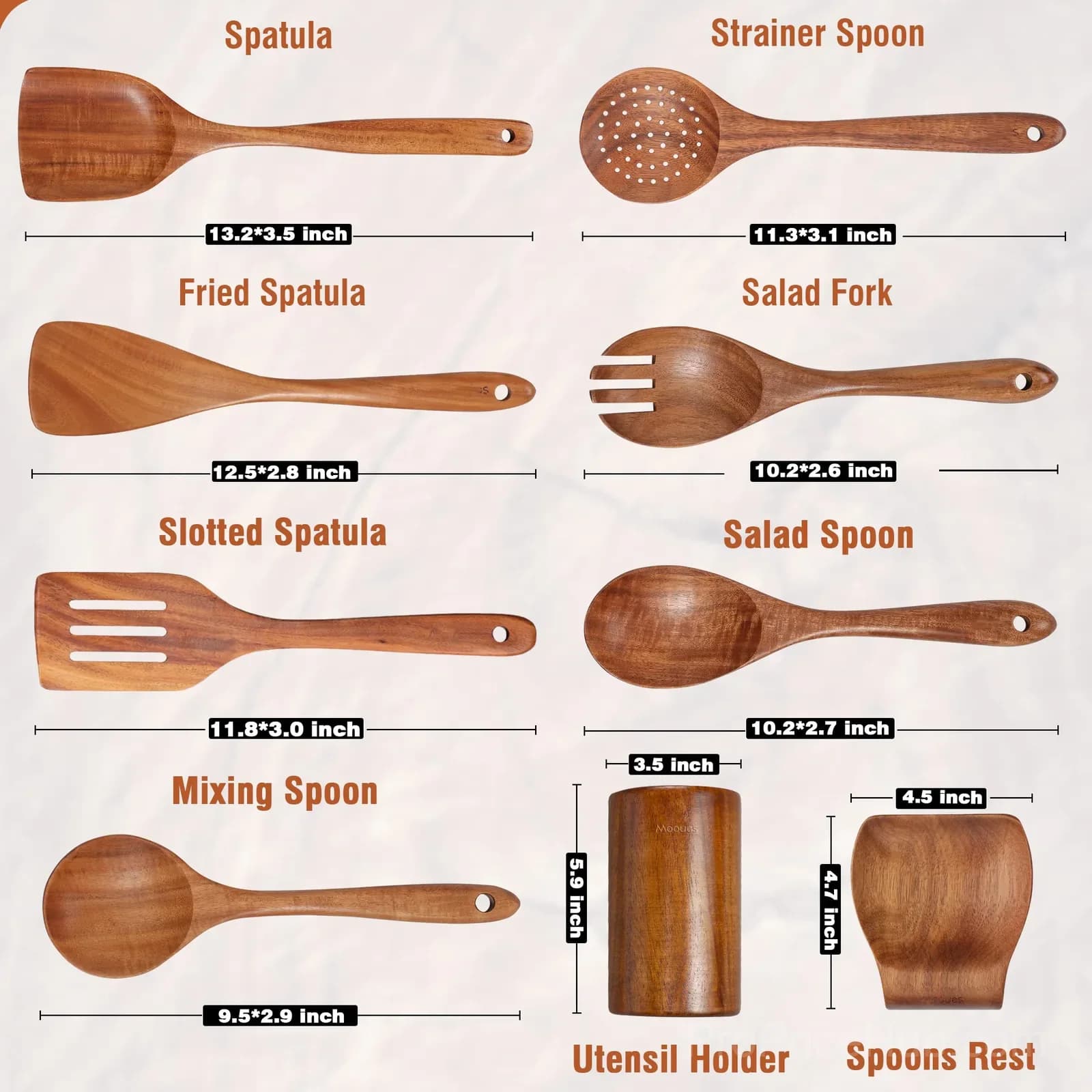 9-Piece Natural Teak Wooden Kitchen Utensil Set with Holder - View 2