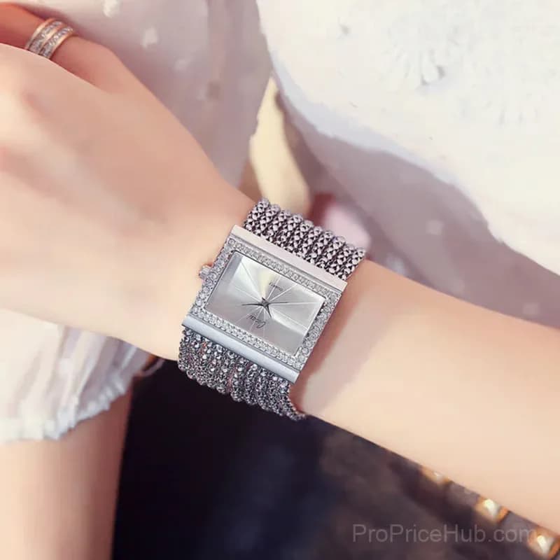 Ladies Gold Rhinestone Square Quartz Watch - Alt