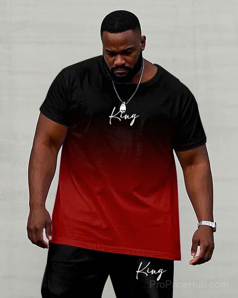 Men's Plus Size Red & Black Gradient King Print Tee & Pants Set - View 6