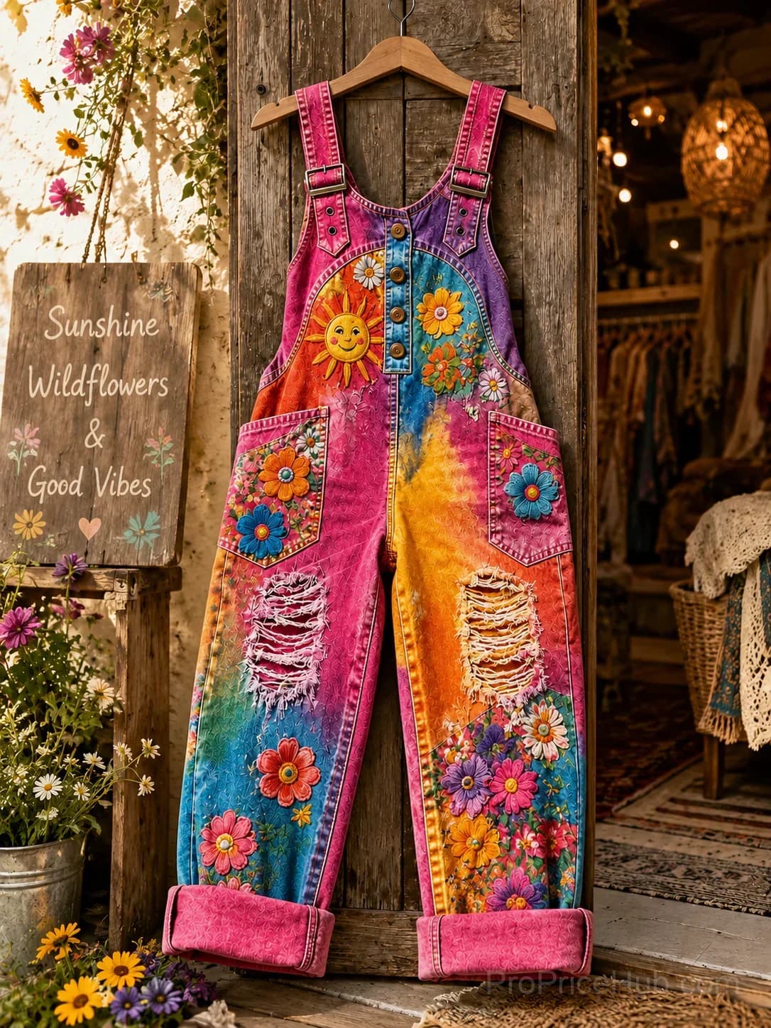 Women's Retro Art Print Denim Patchwork Jumpsuit - View 1