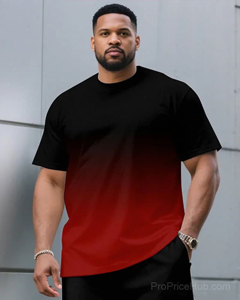 Men's Plus Size Black & Red Gradient T-Shirt and Shorts Set - View 3